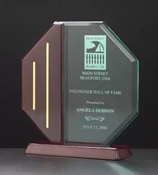 Octagon Series Acrylic Rosewood Piano Finish Base and Post with Gold Metal Accents