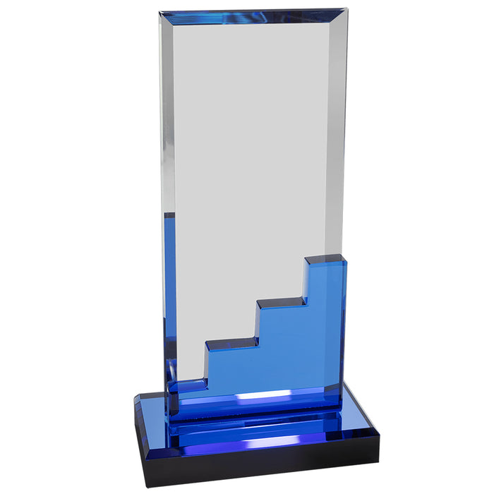 Crystal Blue Staircase Award with Blue Mirror Base, Large Size