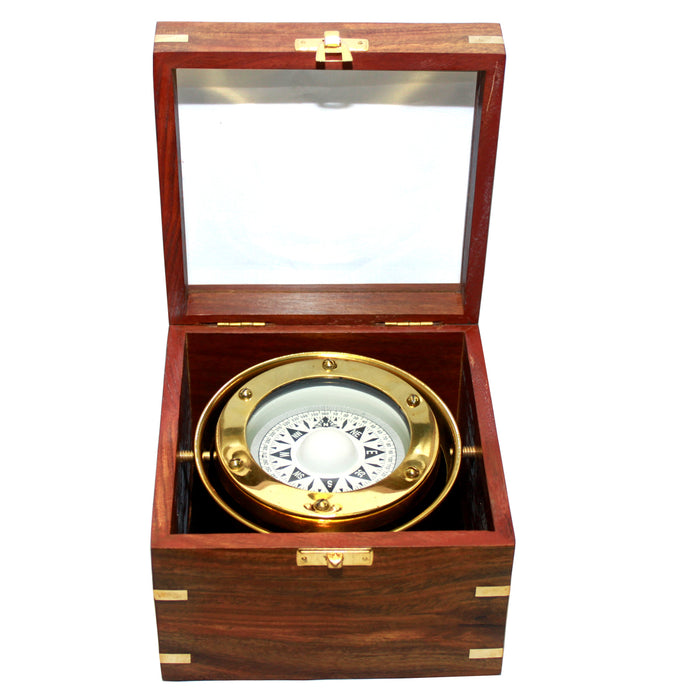 Jumbo Gimbal  Brass compass in Teak Wood Box
