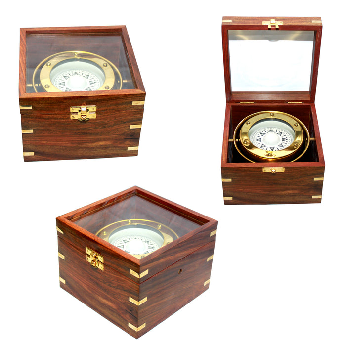 Jumbo Gimbal  Brass compass in Teak Wood Box