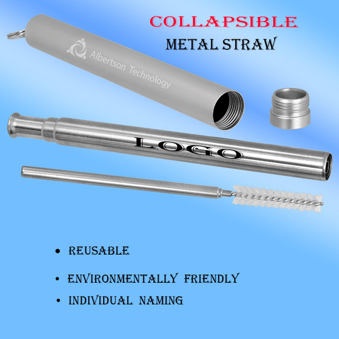 9 1/4" 3-Section  Collapsible  Metal Straw with Case and Cleaning Brush .