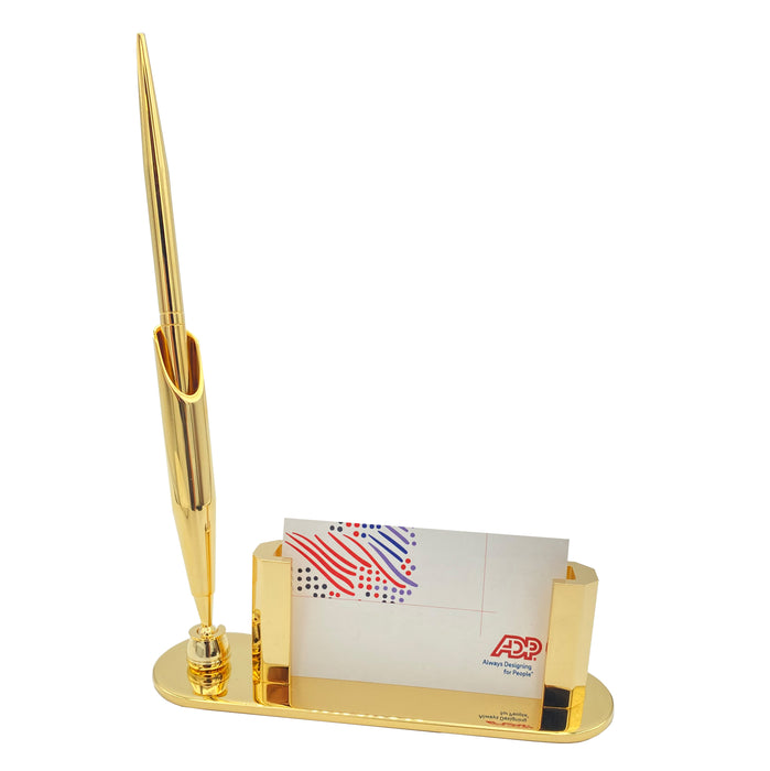 Gold Plated Solid Brass Business Card Holder with Pen Holder