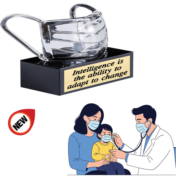 Elegant Crystal   Medical  Mask Award on Black Glass Base with Brass Name Plate