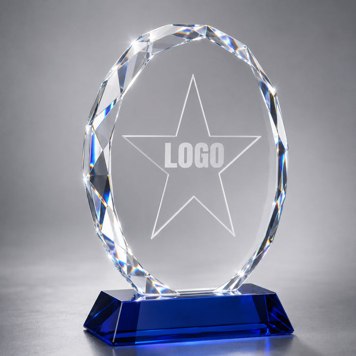 Oval Faceted Crystal Award w/ Blue Sapphire Base