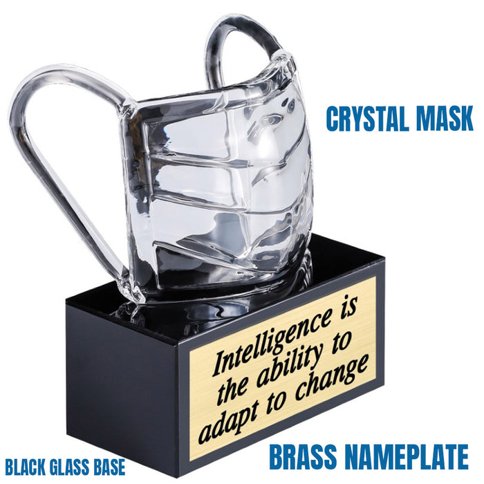 Elegant Crystal   Medical  Mask Award on Black Glass Base with Brass Name Plate