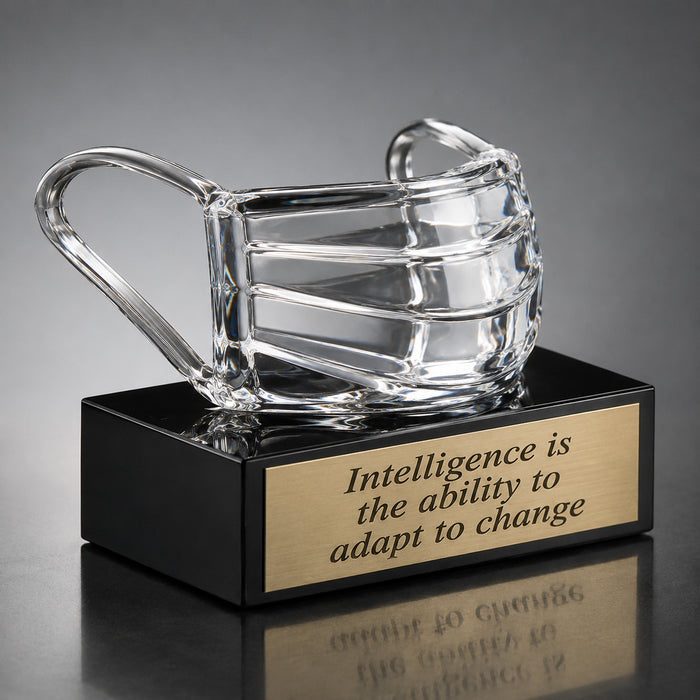 Elegant Crystal   Medical  Mask Award on Black Glass Base with Brass Name Plate