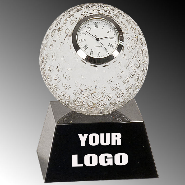 5" Clear Crystal Golf Ball Clock with Black Pedestal Base