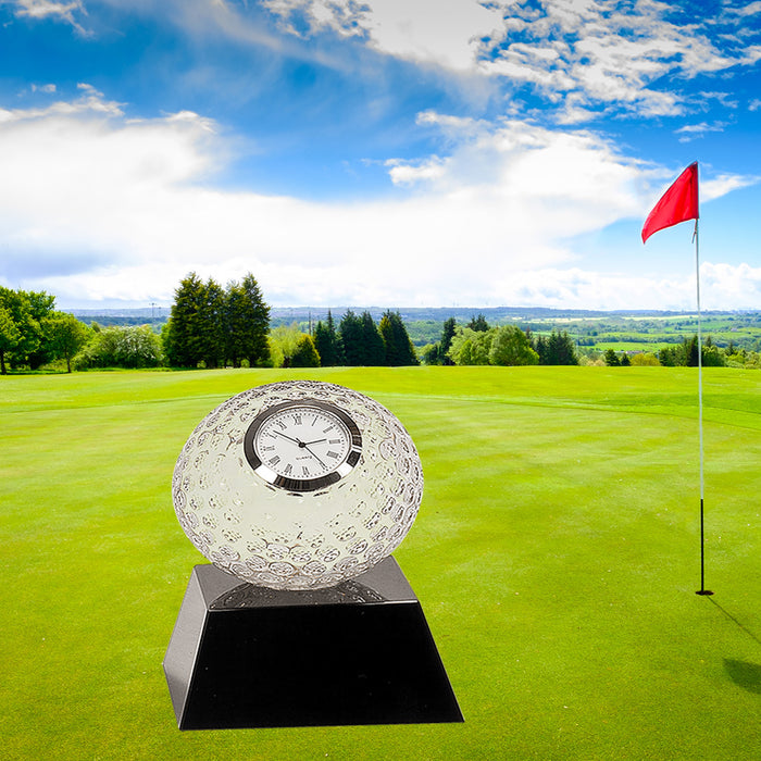 5" Clear Crystal Golf Ball Clock with Black Pedestal Base