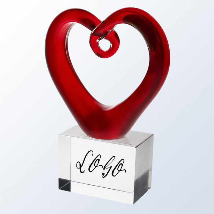 Red Hearted Art Blown Glass Award on Clear Base