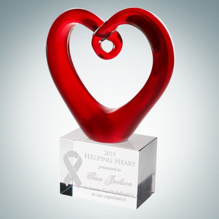 Red Hearted Art Blown Glass Award on Clear Base