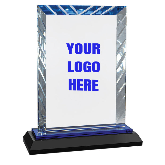 8" Rectangle Clear Accented Award On Reflective Blue & Black Base.