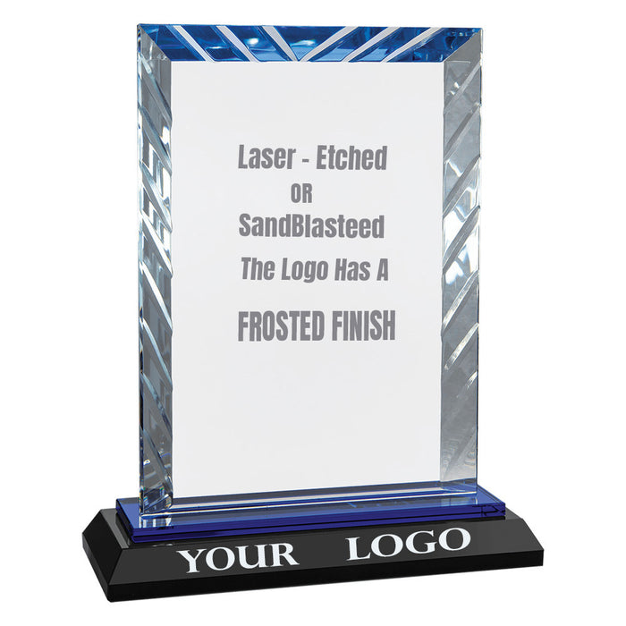 8" Rectangle Clear Accented Award On Reflective Blue & Black Base.