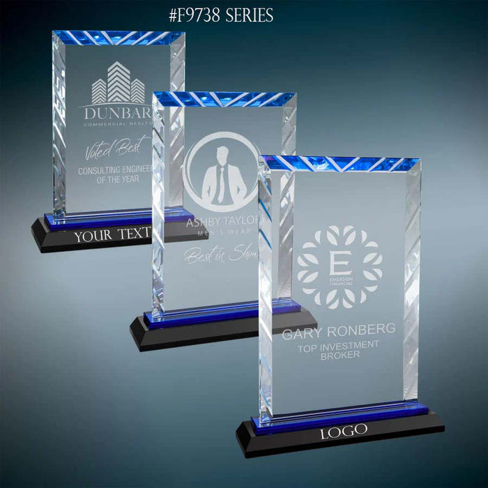 9" Rectangle Clear Accented Award On Reflective Blue & Black Base.