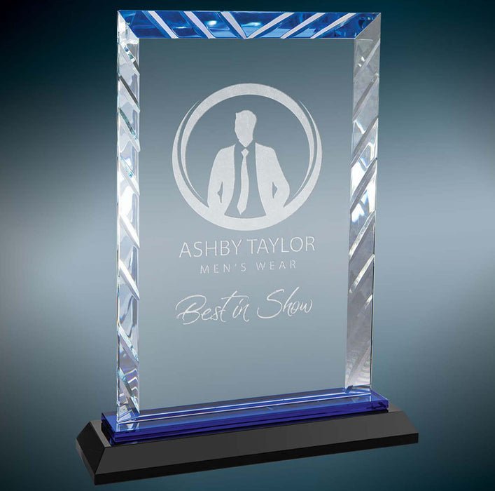 8" Rectangle Clear Accented Award On Reflective Blue & Black Base.
