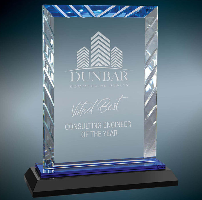 8" Rectangle Clear Accented Award On Reflective Blue & Black Base.