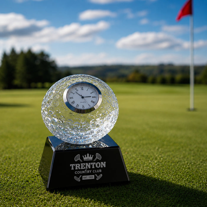 5" Clear Crystal Golf Ball Clock with Black Pedestal Base