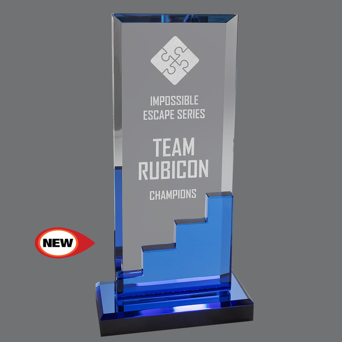 Crystal Blue Staircase Award with Blue Mirror Base, Large Size