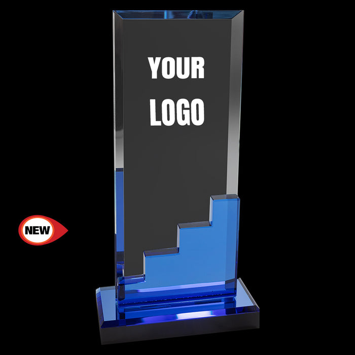 Crystal Blue Staircase Award with Blue Mirror Base, Large Size